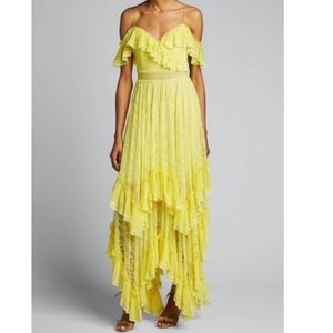 Alice + Olivia yellow harper cold-shoulder tiered handkerchief gown